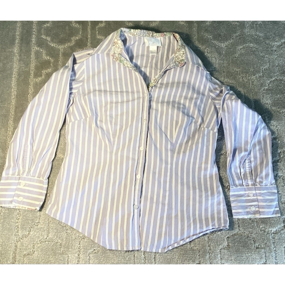 LOFT Lavender Stripe Floral Trim Button Up Shirt Preppy Officecore 4 100% Cotton